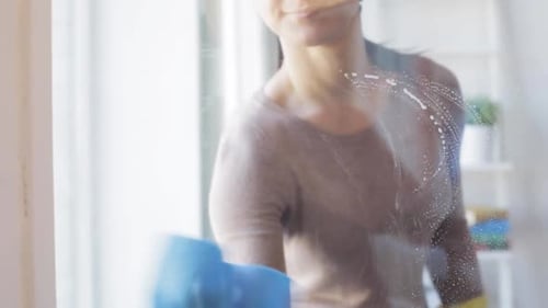 Woman cleaning glass with cloth and spray