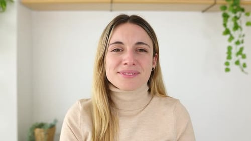 Smiling Woman in Turtleneck Sweater, Close Up Portrait