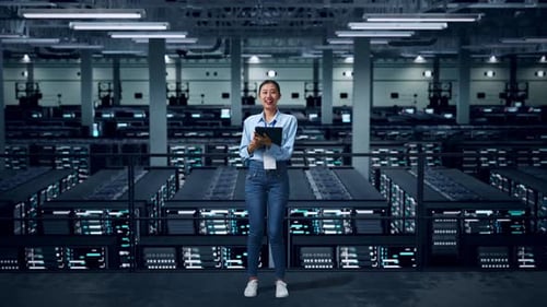 Full Body Of Asian Business Woman Using Tablet And Smiling To Camera In Data Center