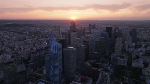 Aerial Panoramic View of Metropolis at Sunset Futuristic La Defense District with Business