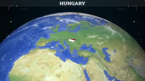 Futuristic Global Map Zoom to Hungary with Flag
