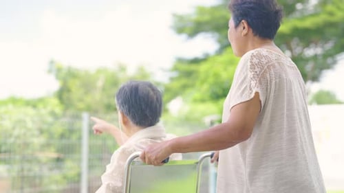 Back of senior or elderly woman stand with hold wheelchair hands and talk with other seniors