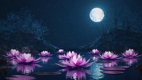 Loop Lotus Flowers on a Magical Night on the Water Against the Backdrop of the Moon