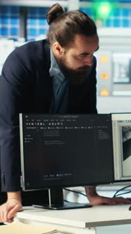 Vertikale Video-Photovoltaics Factory Admin Coding präsentiert dem Manager den Fortschritt