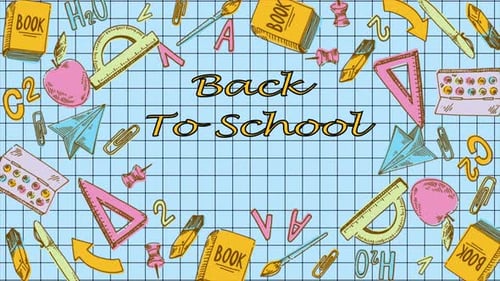 Back To School Items Flying Air On Blue Background 4K