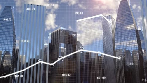 Business Data Growth Animated Graph Over Modern City Skyline Background