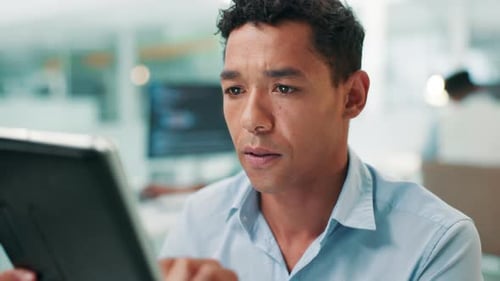 Businessman, software developer and thinking with tablet for UI design, problem solving