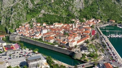 Aerial view of the old town of Kotor, Montenegro. Bay of Kotor bay is one of the most beautiful plac