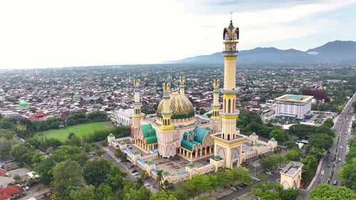 Islamic Center, Great Mosque Mataram, Lombok, Indonesia. Aerial crane of iconic religious building.