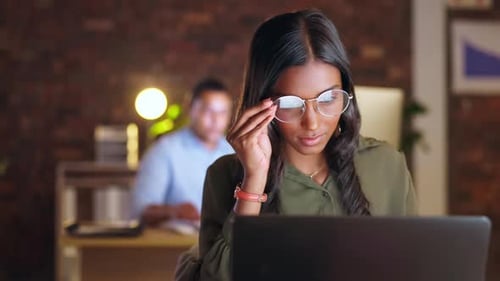 Night, office or woman with glasses or laptop typing working on email or content research project