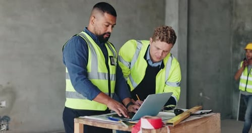 Team, laptop and engineering for floor plan on construction site, design layout and email client