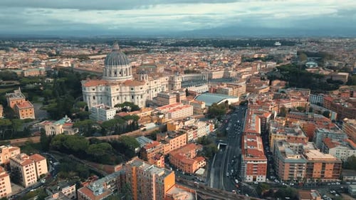 City of Rome Italy Vatican St. Peter the Apostle Square train tracks aerial view drone side flight