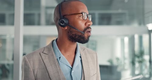 Black man, agent and tablet with headset for online sale, telemarketing or business in office