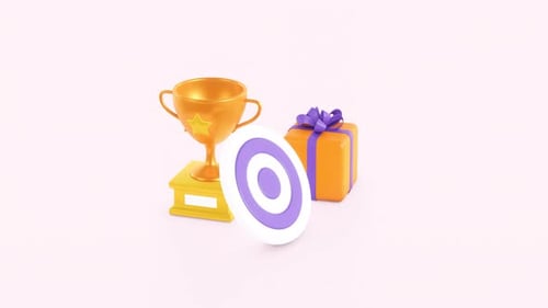 Target 3d animation with an arrow hit the center. Trophy cup and gift box.