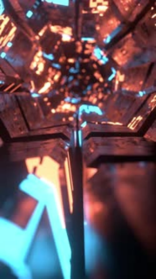 Vuelo abstracto en un pasillo futurista, fondo de bucle sin fisuras. Túnel redondo con cubos brillantes.
G
