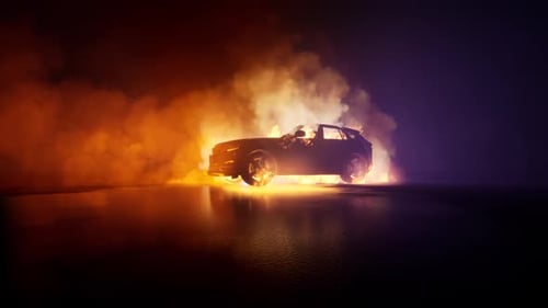 Burning Car in Dark with Dramatic Fire and Smoke
