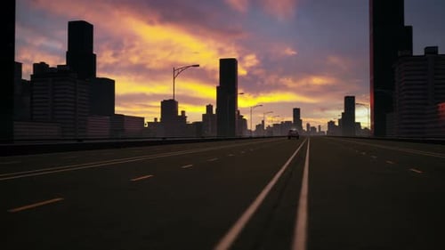City Highway with Car Driving Towards Sunset Horizon