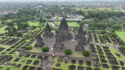 Aerial view of the Prambanan Temple complex, a 9th century Hindu temple in the Special Region of Yog