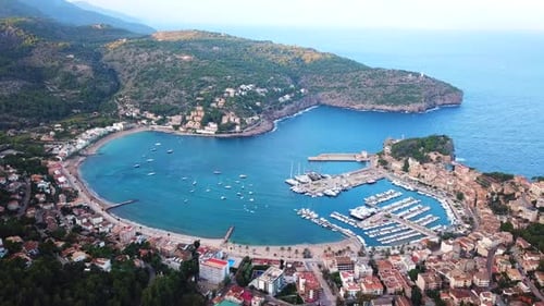 Panoramic aerial view of boats moored in Port de Soller, Mallorca, Spain