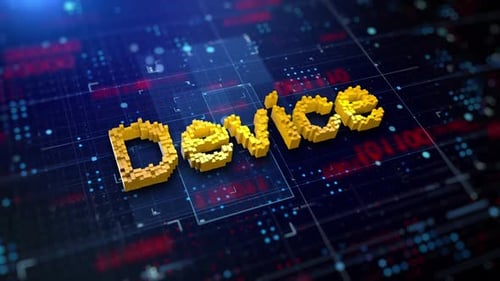 Animated Device Text with Futuristic 3D Pixel Art on Circuit Board