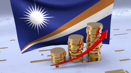 Marshall Islands Flag With Gold Coins Tower And Up Arrow