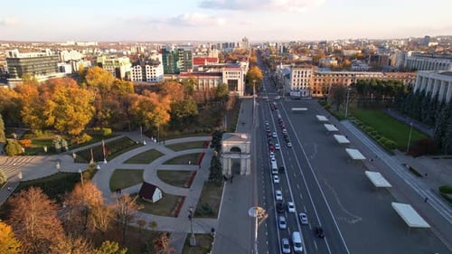 Panoramic aerial drone view of Triumphal Arch, Great National Assembly Square Government Building