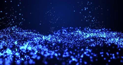 Ondas brilhantes, partículas azuis em movimento e cintilantes, ondas digitais abstratas