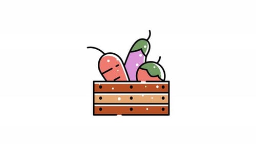 icon animation of Carrot an eggplant and a tomato in a wooden crate.