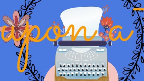 Animation eines Textes von Es war einmal auf einer Schreibmaschine mit Osterfrühlingsdekor auf blauem Hintergrund