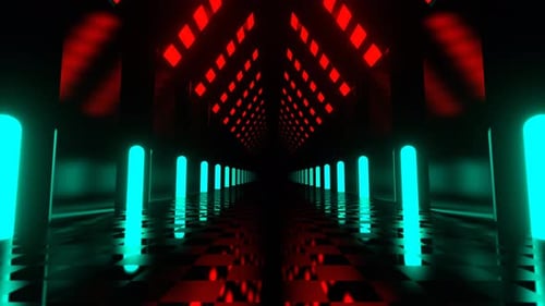 Red And Turquoise Corridor With Tall Neon Columns Background Vj Loop I 4K