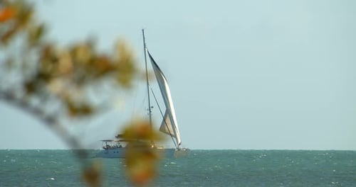 Little Torch Key, Florida / Usa - March 14 2020: View From Beach, Catamaran In Tropical Ocean