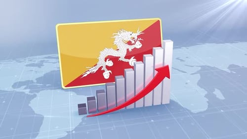 Bhutan Flag With Increasing Bar Chart Graph And Arrow Red