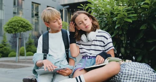 Children Study Tablet Outside School Building