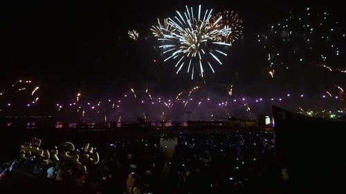 Crowd Enjoys Fireworks at Night
