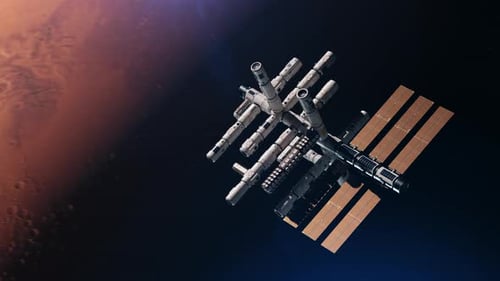 a space station in space orbiting mars. the concept of space travel and settlement of planets