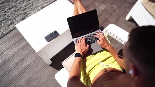 Man Laptop Sea Working Remotely on Seashore Happy Successful Man Male Freelancer Working on Laptop