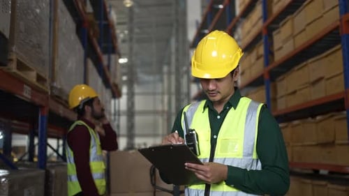 Blue collar workers are working at warehouse.