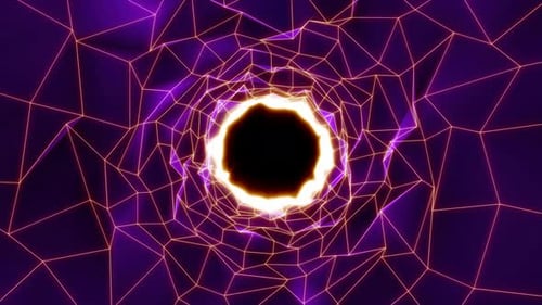 Futuristic Tunnel Animation with Glowing Purple and Orange Wireframe