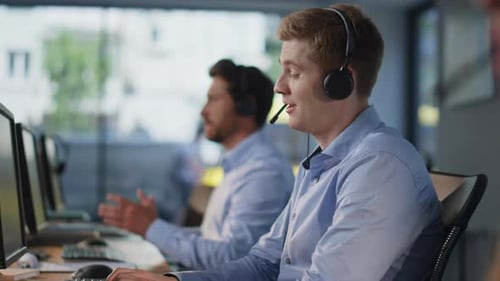 Customer Service Team Working at Modern Call Center Closeup Helpdesk Staff