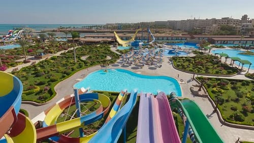 Panorama of the Aquapark Sliders, Aqua Park, Water Park Aquapark Sliders With Pool. A Water Park on