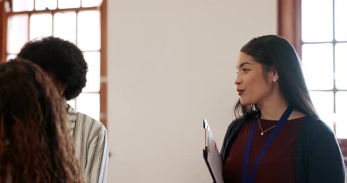 University, class and professor talking to students in a classroom for education