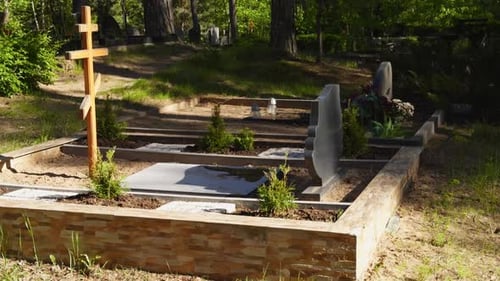 Um cemitério sereno adornado com vegetação, luz solar e lápides oferece um ambiente tranquilo para