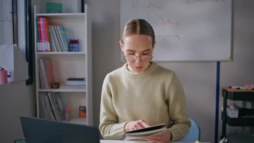 School Woman Reading Online Lesson at Cabinet Closeup Distance Teacher Talking