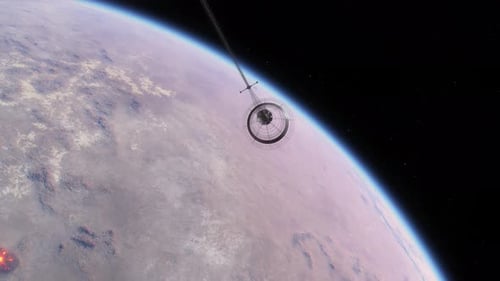 Raumschiff oder Raumstation fliegt über die Atmosphäre eines Exoplaneten in einem anderen Sonnensystem