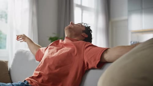 Tired Man Falling Coach Feeling Exhausted Closeup Freelancer Opening Laptop