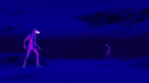 Futuristic VR Figures Walking in Abstract Digital Landscape