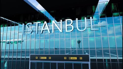 Airlane Landing at Istanbul Arrival in the City with Reflection of Airport and Aircraft