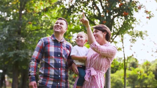 Family, Leisure And People Concept - Happy Mother, Father And Little Son Walking At Summer Park
