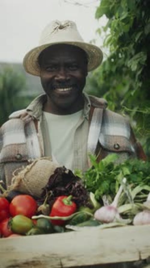 Smiling Farmer Holding Crate of Fresh Vegetables