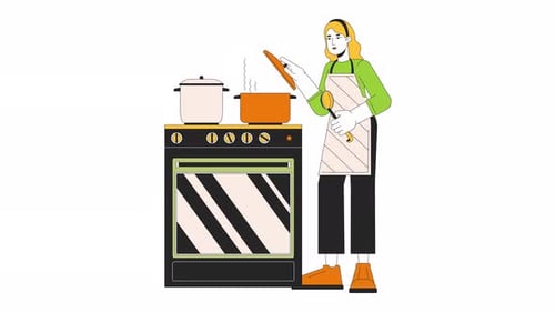 Animated Woman Cooking on Stove in Flat Design